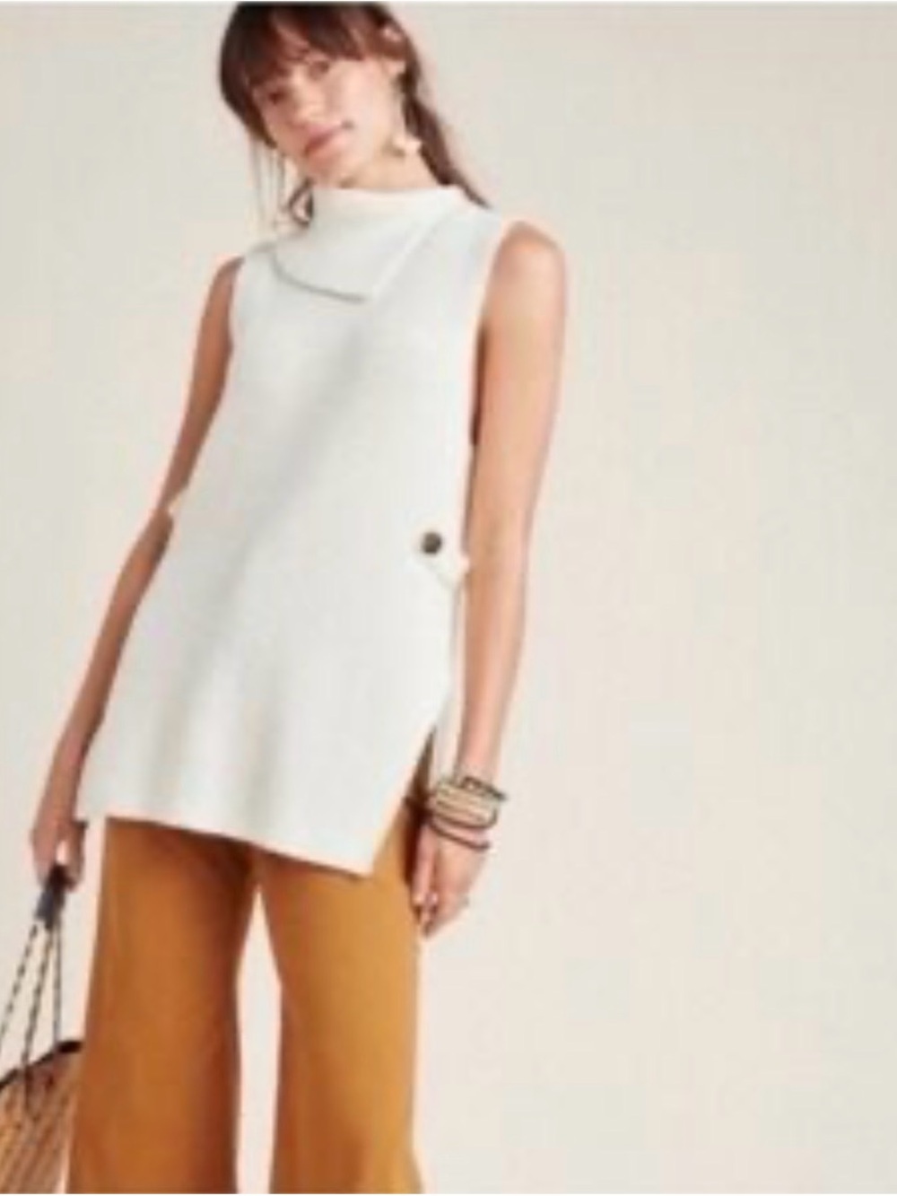 Anthropologie White Sleeveless Cowl Turtleneck Tunic with Side Button